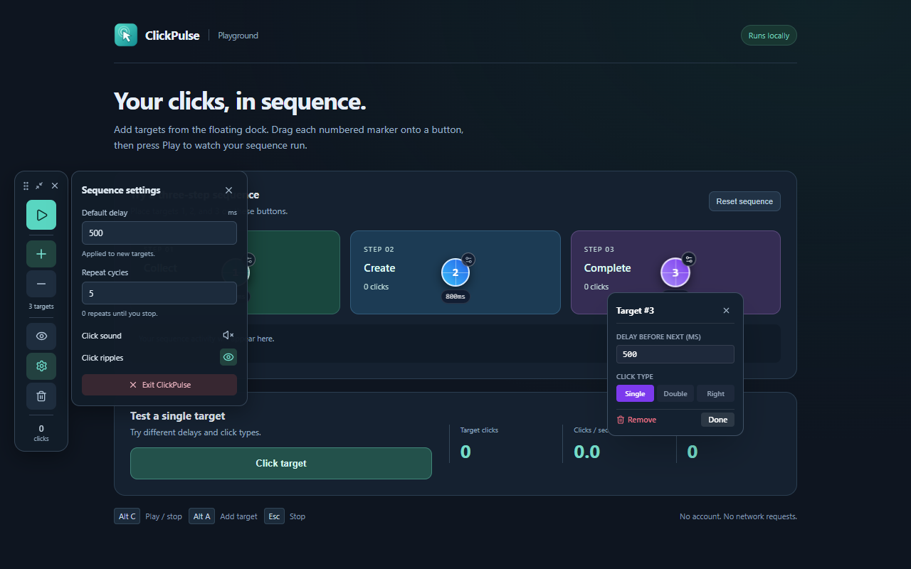 Target settings with a configurable delay and click action